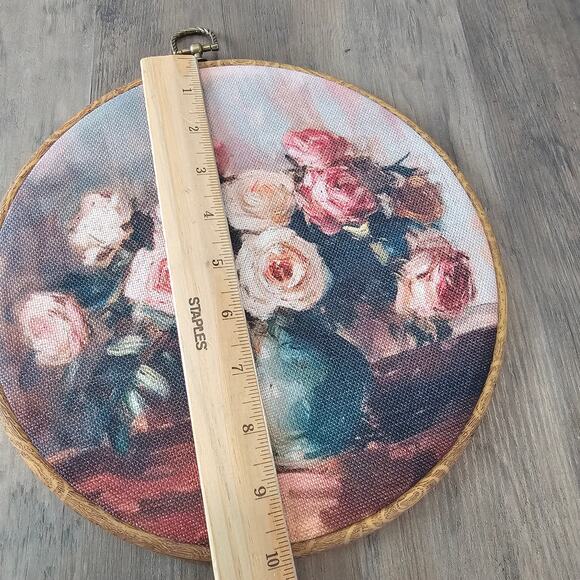 Floral Art Framed Picture Pink Roses Vase Round Cottage Country Renaissance - Picture 8 of 9